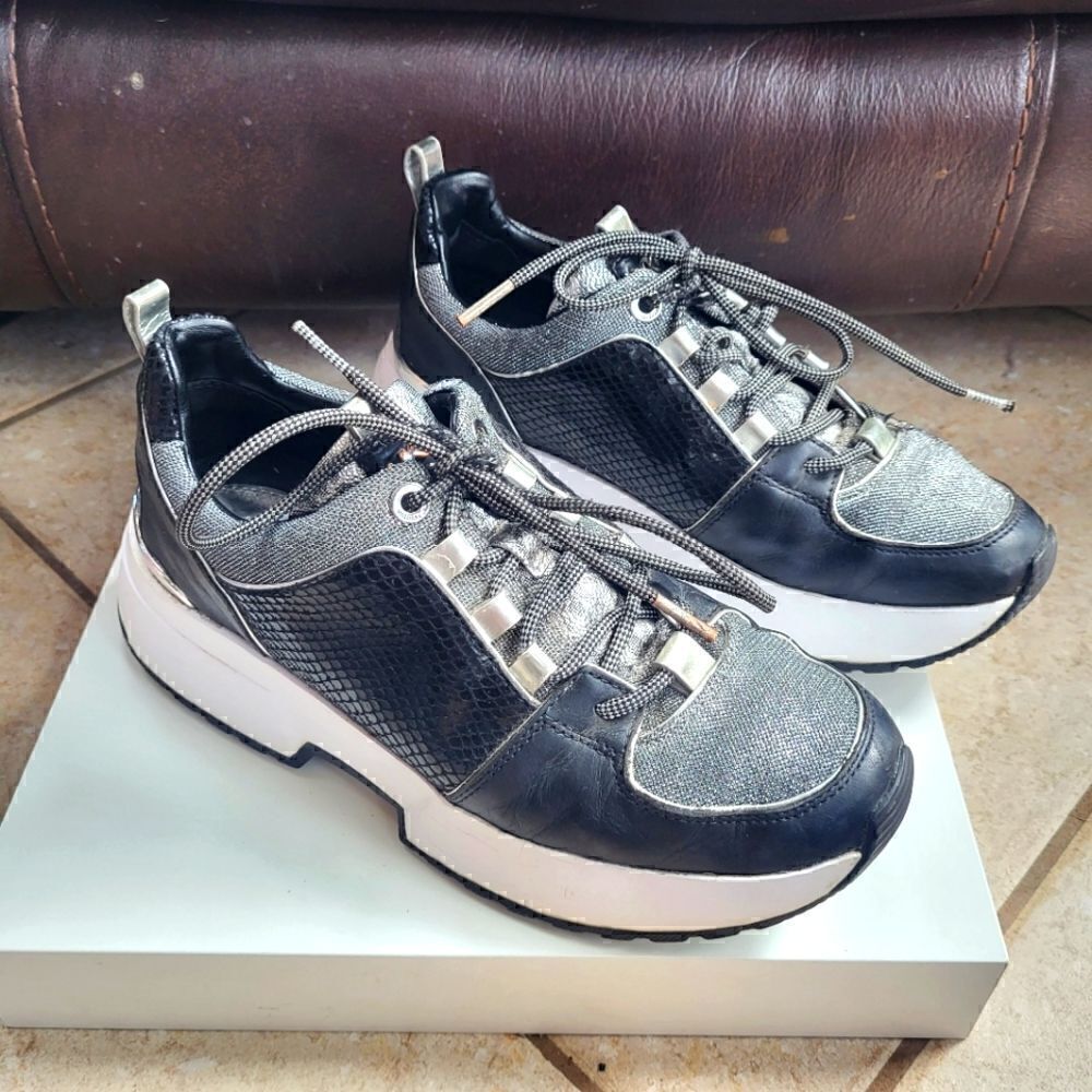 Michael Kors "Cosmo" Black Leather Silver Mesh Platform "MK" Sneakers 7.5 $165
